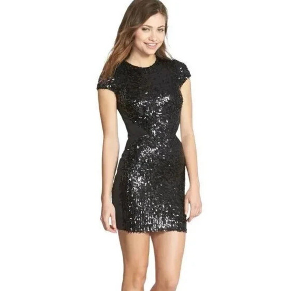 Dress The Population Sm Dress Sabrina Fringe Petal Sequin Mini Cocktail Black - Picture 1 of 9